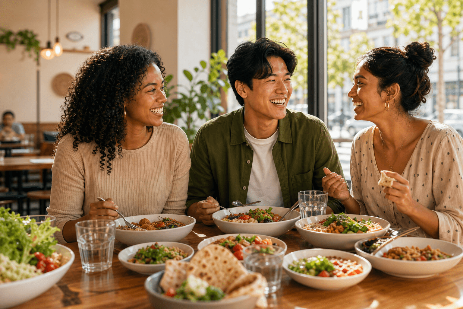 Three friends enjoying lunch together in a bright restaurant